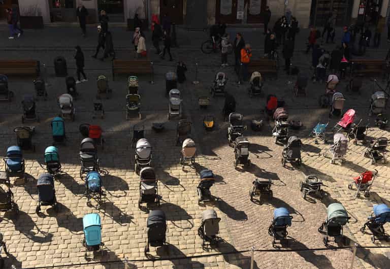 109 strollers left empty in Ukraine in memory of children killed