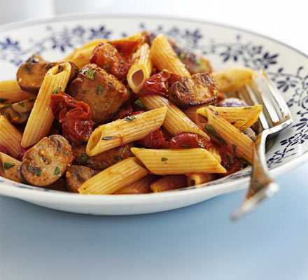 Speedy recipes to make in advance; tasty sausage, mushroom and tomato pasta