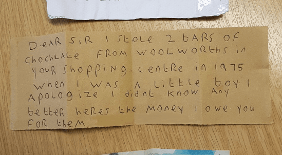 Little boy steals two chocolate bars, returns the money he owes 43 years later