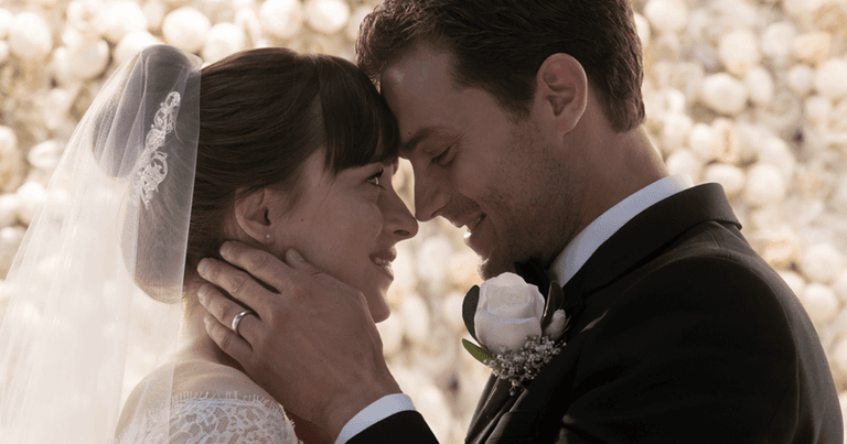 The designer details of Anastasia’s wedding dress in Fifty Shades