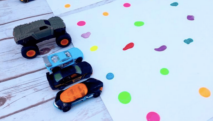 Painting with cars might just be the most perfect rainy afternoon activity ever