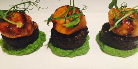 Treat Your Sweet To Caramelised Scallops on Minted Pea Puree with Black Pudding & Pea Shoots