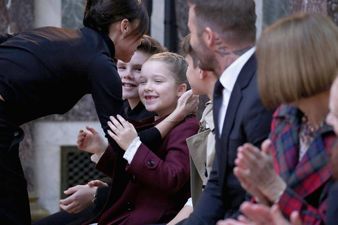 What brand was the jacket Harper Beckham wore to her mother’s show at NYFW?