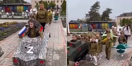Russian pre-school children are dressed as tanks and soldiers for Victory Day