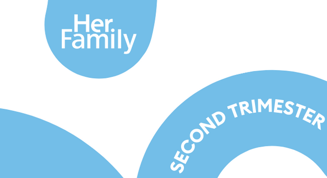 a blue and white sign reading 'her family' and 'second trimester'